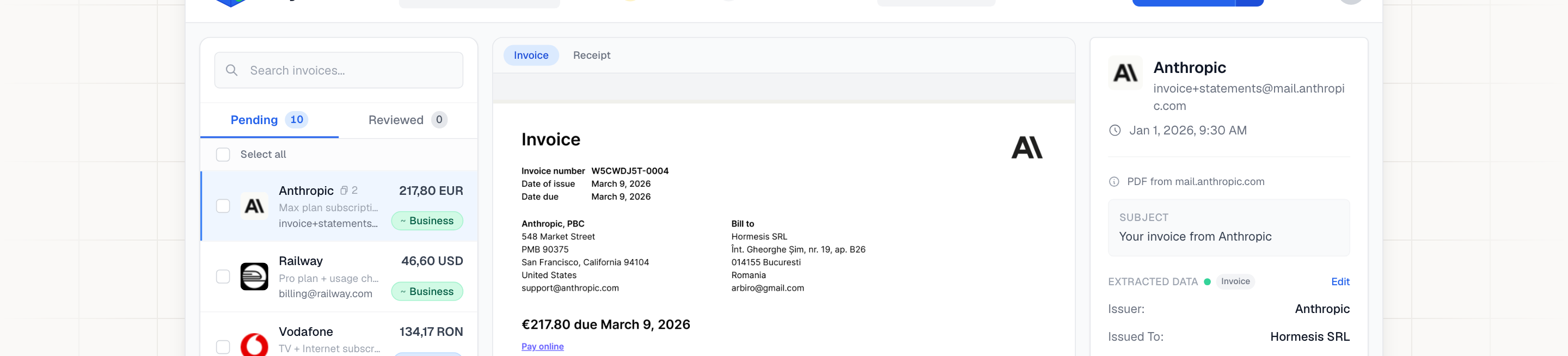 Interfața BillyBox: lista de facturi extrase din email, cu preview-ul facturii Anthropic și datele extrase în panoul lateral