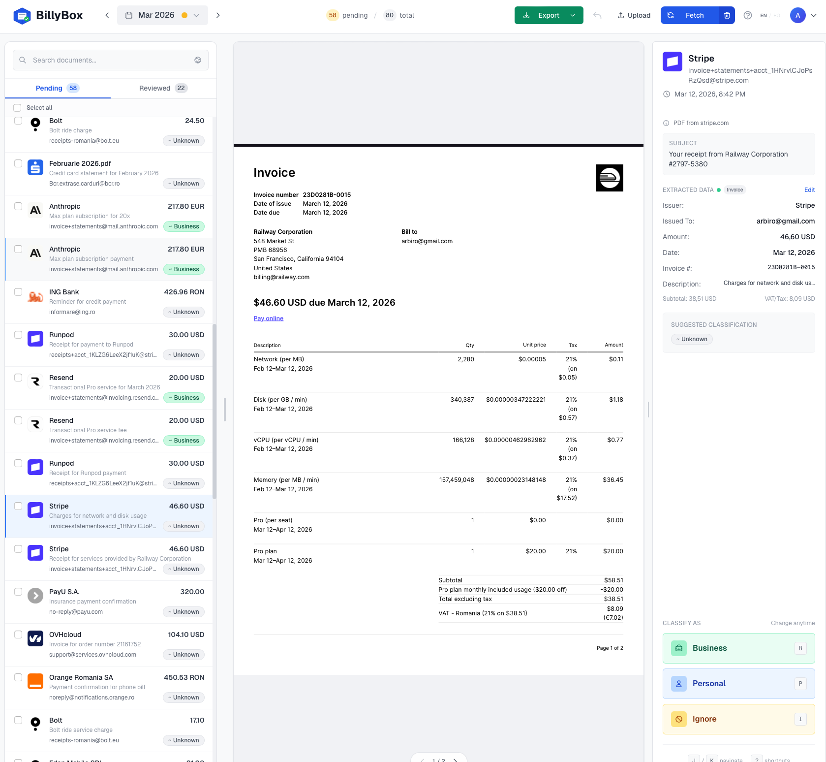 Dashboard BillyBox con 80 documenti per marzo 2026