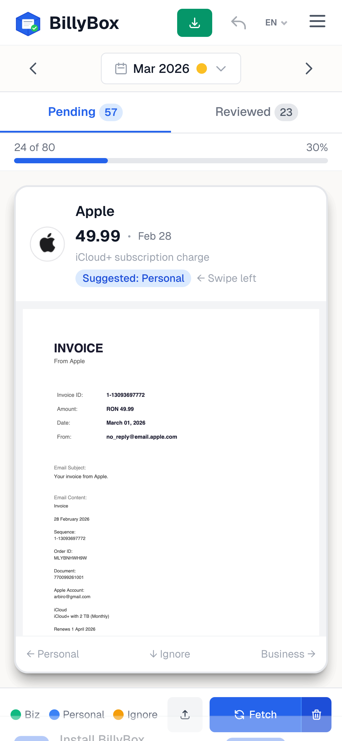 BillyBox mobile view with swipe-to-classify cards