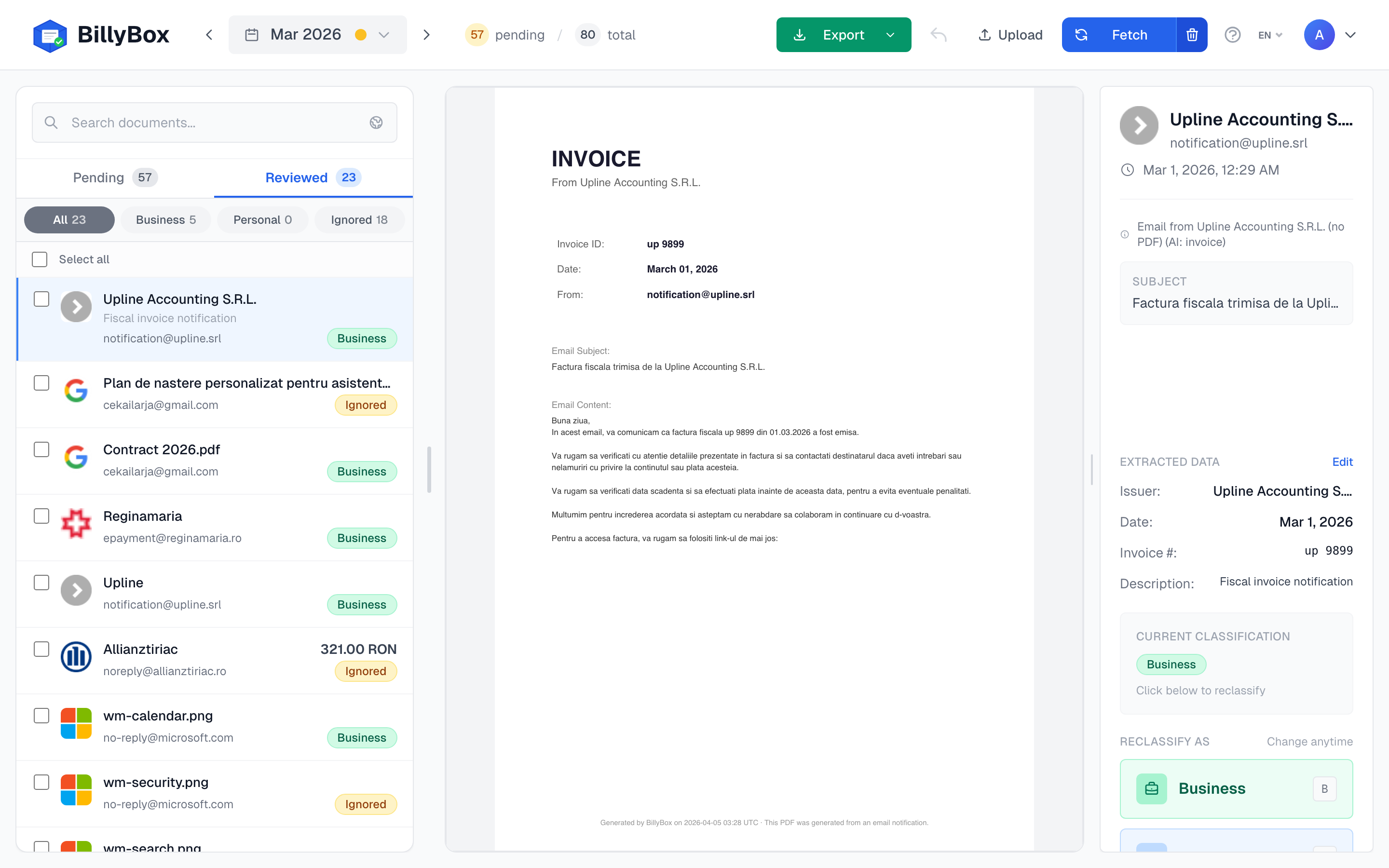 BillyBox invoice review page showing fetched invoices with PDF preview