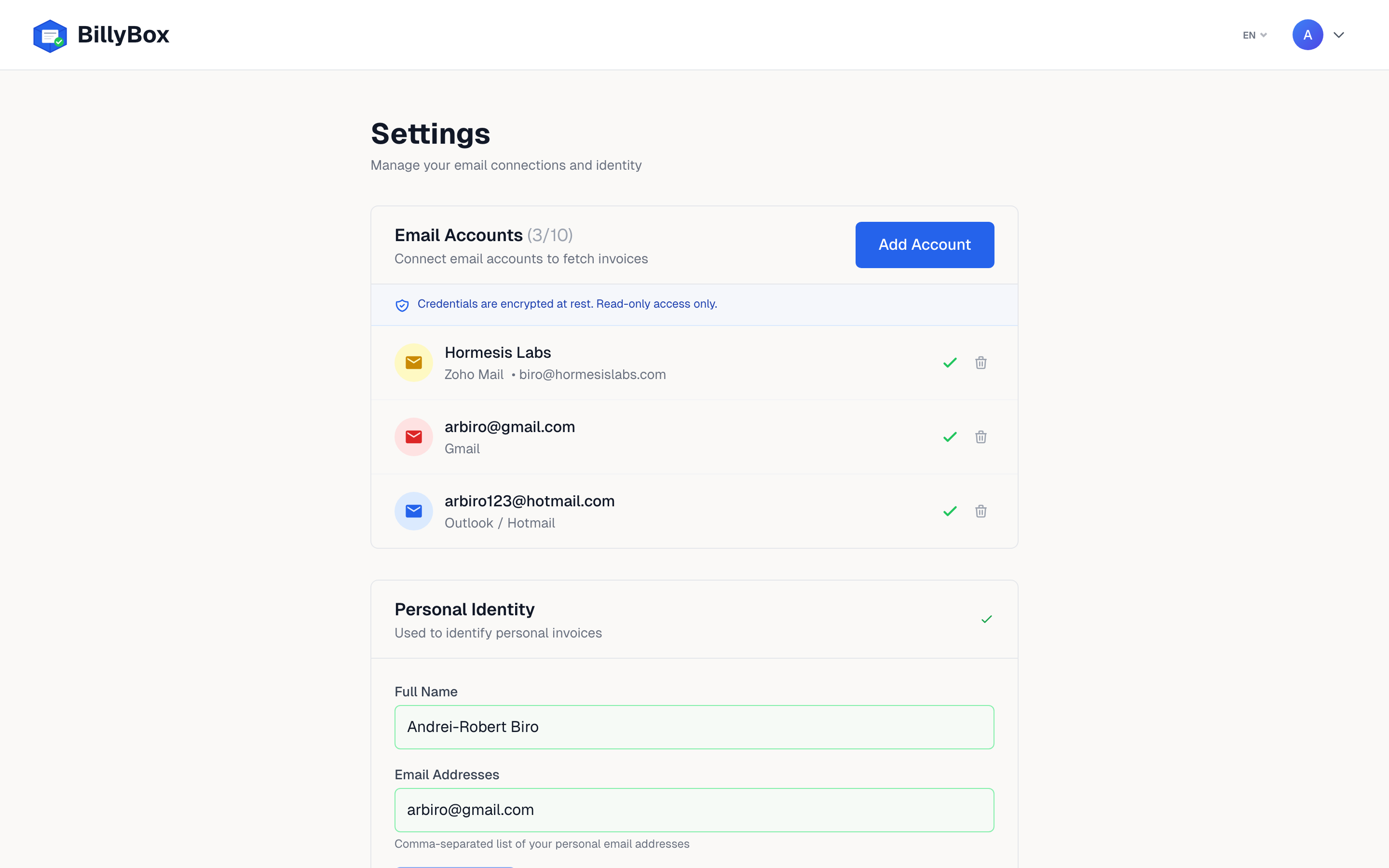 BillyBox settings showing 3 connected email accounts